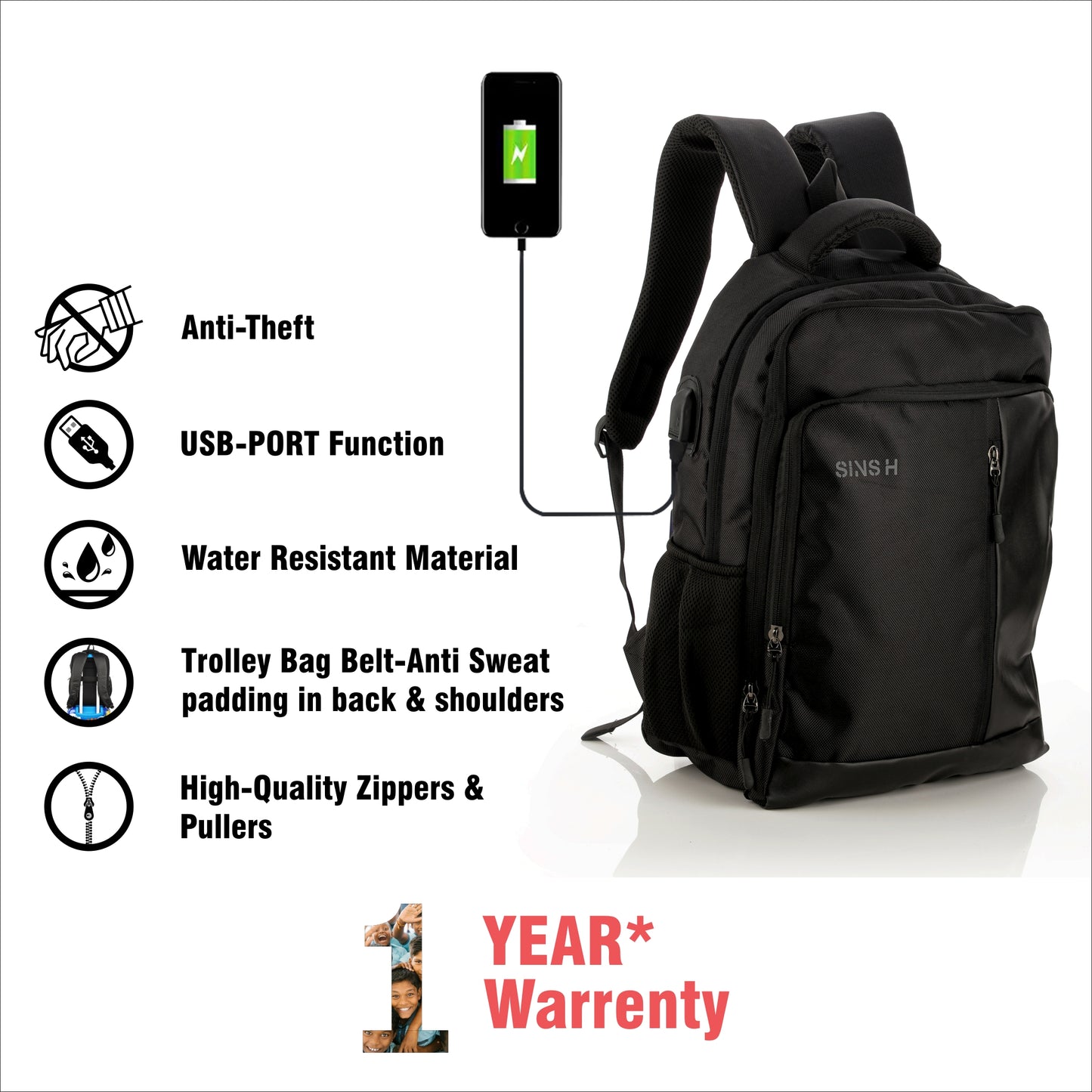 SINSH Ishana Ultimate Laptop Backpack – USB Charging Port | Sleek, Water-Resistant, & Ergonomic Design | Multi-Compartment Travel Bag for Men & Women