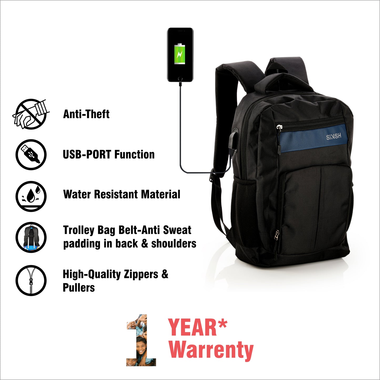 SINSH Rudra Anti Theft Laptop Backpack – USB Charging Port | 15.6 Inch Laptop Compartment | Sleek, Water-Resistant, & Ergonomic Design | Multi-Compartment Travel Bag for Men & Women